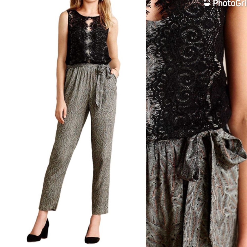 Anthropologie Black Lace Bodice Olive-Patterned Jumpsuit
